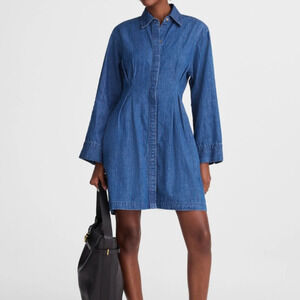 Madewell Chrisandra Denim Pleated Mini Shirt Dress Jean Long Sleeve XS 2